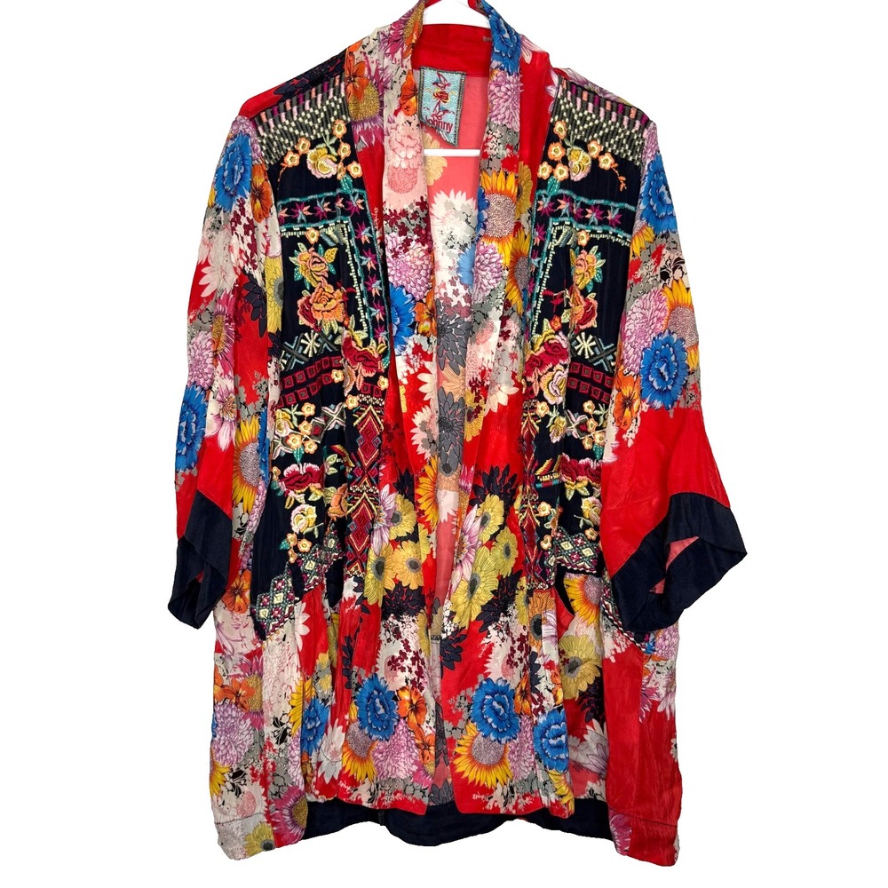 JOHNNY WAS SILK EMBROIDERED KIMONO SIZE LARGE CARDIGAN JACKET ROBE BOHO‎